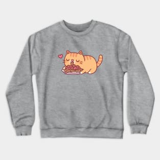 Cute Chubby Orange Tabby Cat Eating Spaghetti Pasta Crewneck Sweatshirt